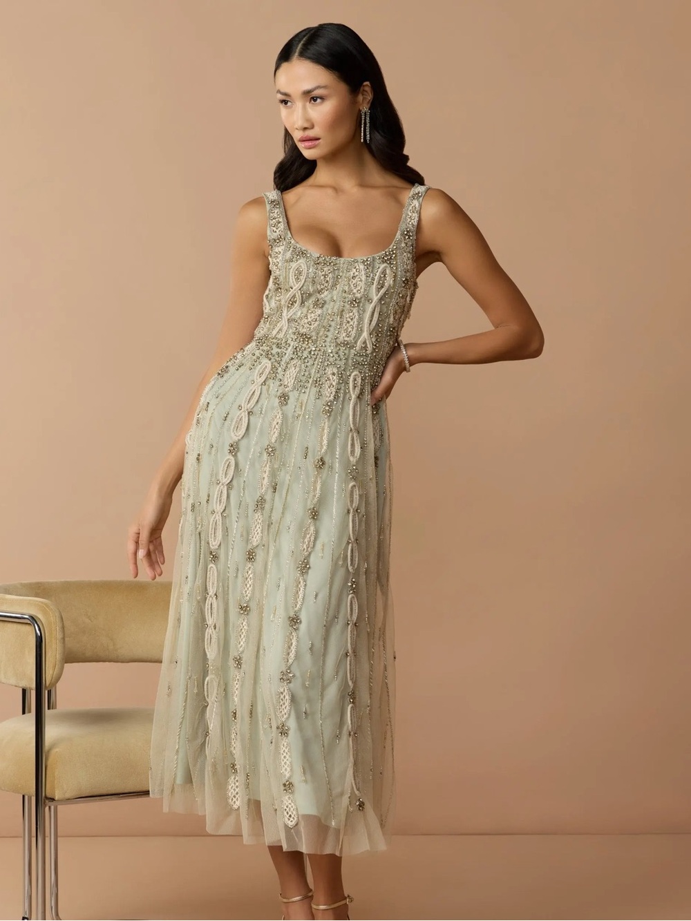 Mac Duggal 10078 Green Sleeveless Scoop Neck Embellished Midi Dress sz 10